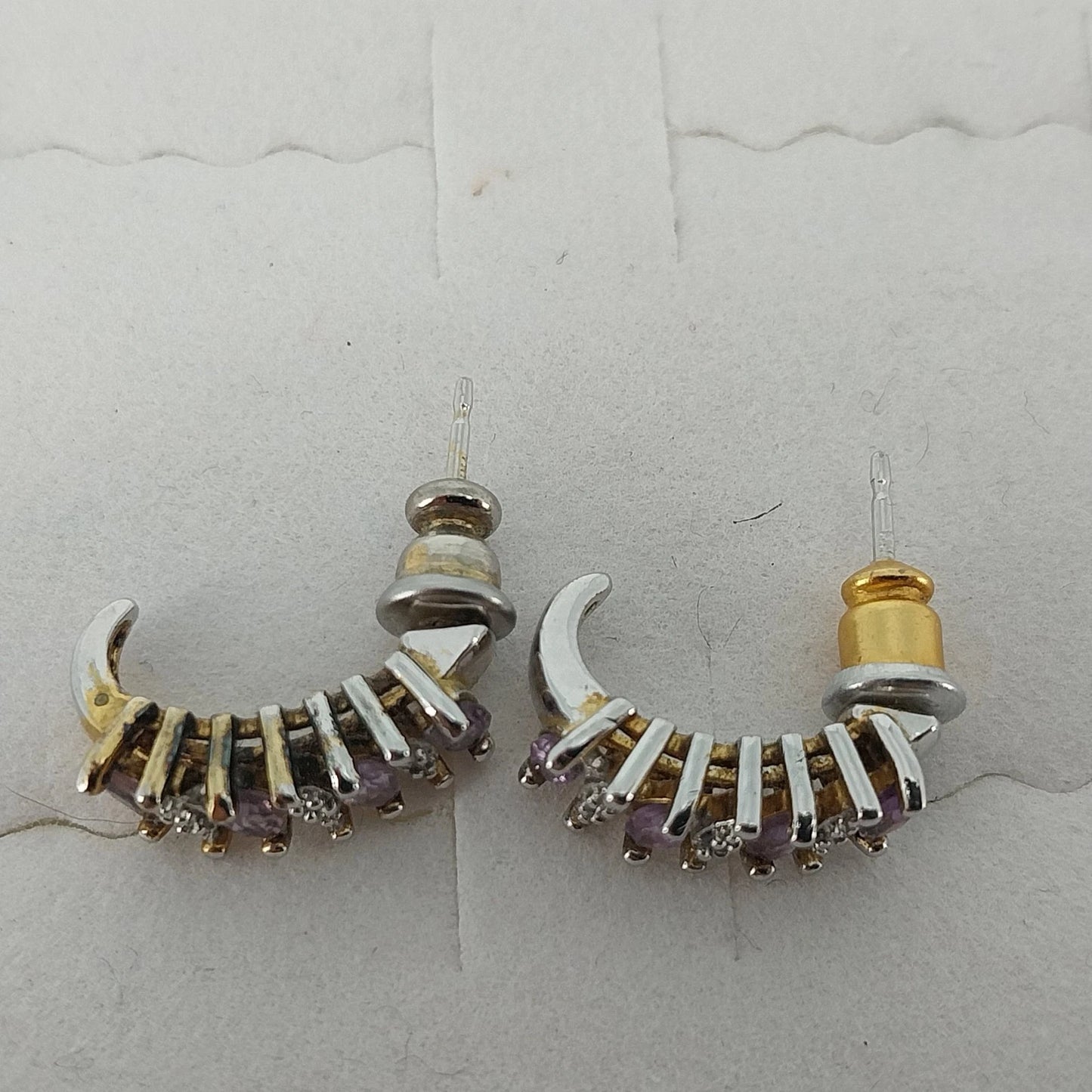 Purple Clear Marquise Crystal J Hoop Earrings Silver Tone Post Back Vintage
