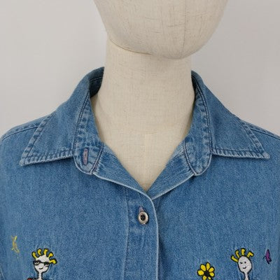 Very Important Pieces Women Denim Embroidered Whimsical Shirt Short Sleeve Large