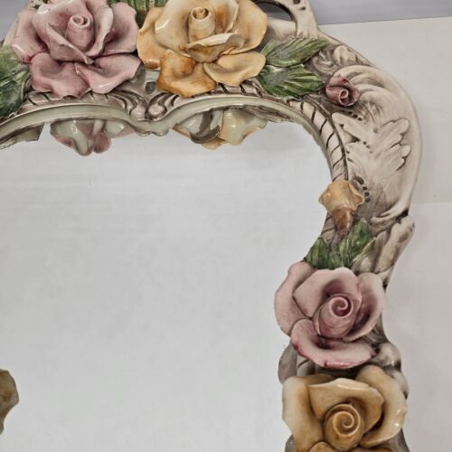 Large Capodimonte Porcelain Mirror Dresser Vanity Tray Roses Hour Glass Shape