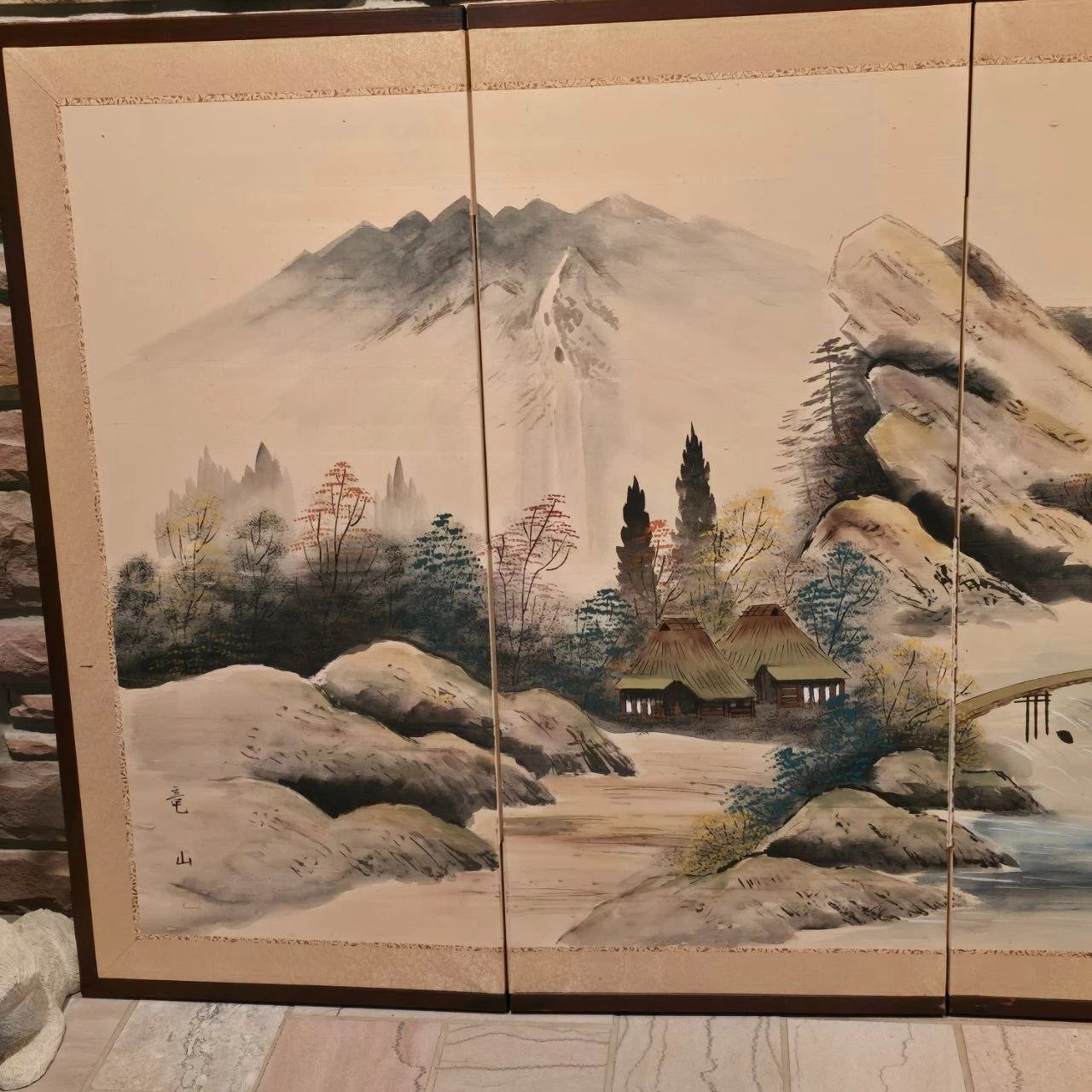 Toyo Japan Byobu 4 Panel Sansuiga Landscape Brass Trim Wall Screen 66x36 Hangers