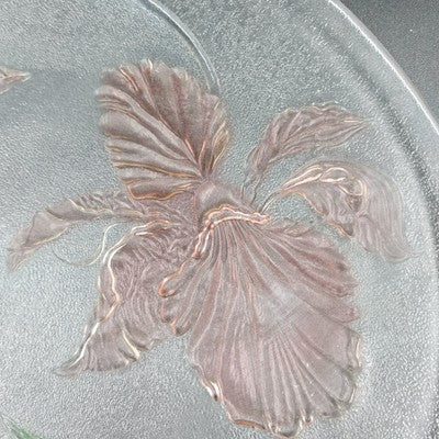 LE Smith 12.5" Clear Frosted Glass Plate Painted Iris & Butterfly Design Vtg