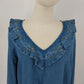 Tantrums Boho Embroidered Denim Shirt Bell Sleeves Pullover L 100% Cotton India