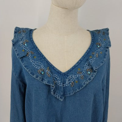 Tantrums Boho Embroidered Denim Shirt Bell Sleeves Pullover L 100% Cotton India