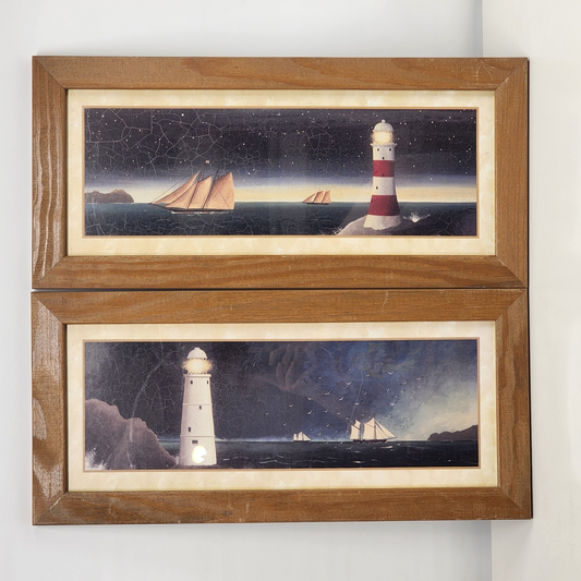 Set 2 Martin Wiscombe Lighthouse Print Wall Art Brown Frame Distressed 10.5x22.5