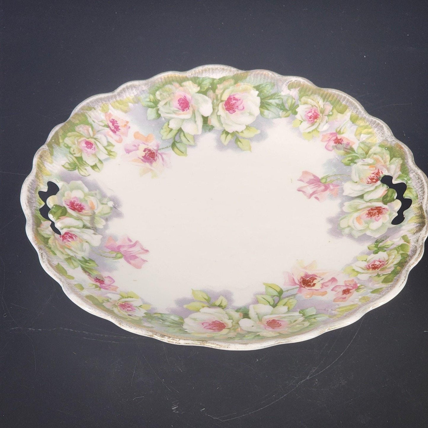 Limoges France Floral Plate Gold Trim Scalloped Handles 9.75 Inch Porcelain Serving Dish Antique