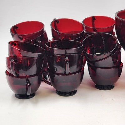 Royal Ruby Red Glass Punch Bowl 23 Cups and Stand Set by Anchor Hocking