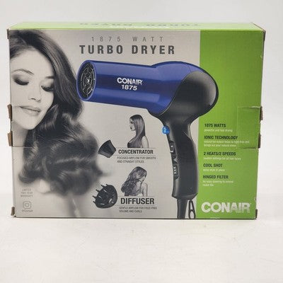 Conair Blue & Black Turbo Hair Dryer with Diffuser & Concentrator 1875 Watt NIB