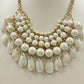 Gold Tone Chain with White Faceted Round & Teardrop Beaded Statement Necklace