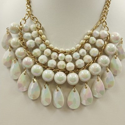 Gold Tone Chain with White Faceted Round & Teardrop Beaded Statement Necklace