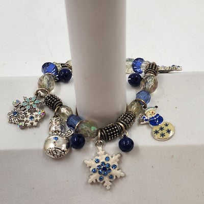 Kenneth Cole Silver Tone Blue White Snowman Christmas Winter Charm Bracelet