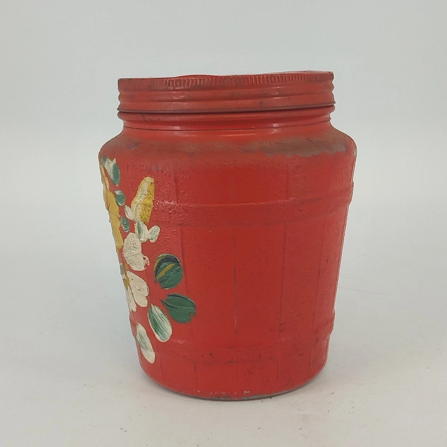 Ransburg Hand Painted Floral Cookie Cracker Jar Glass Metal Lid Folk Art