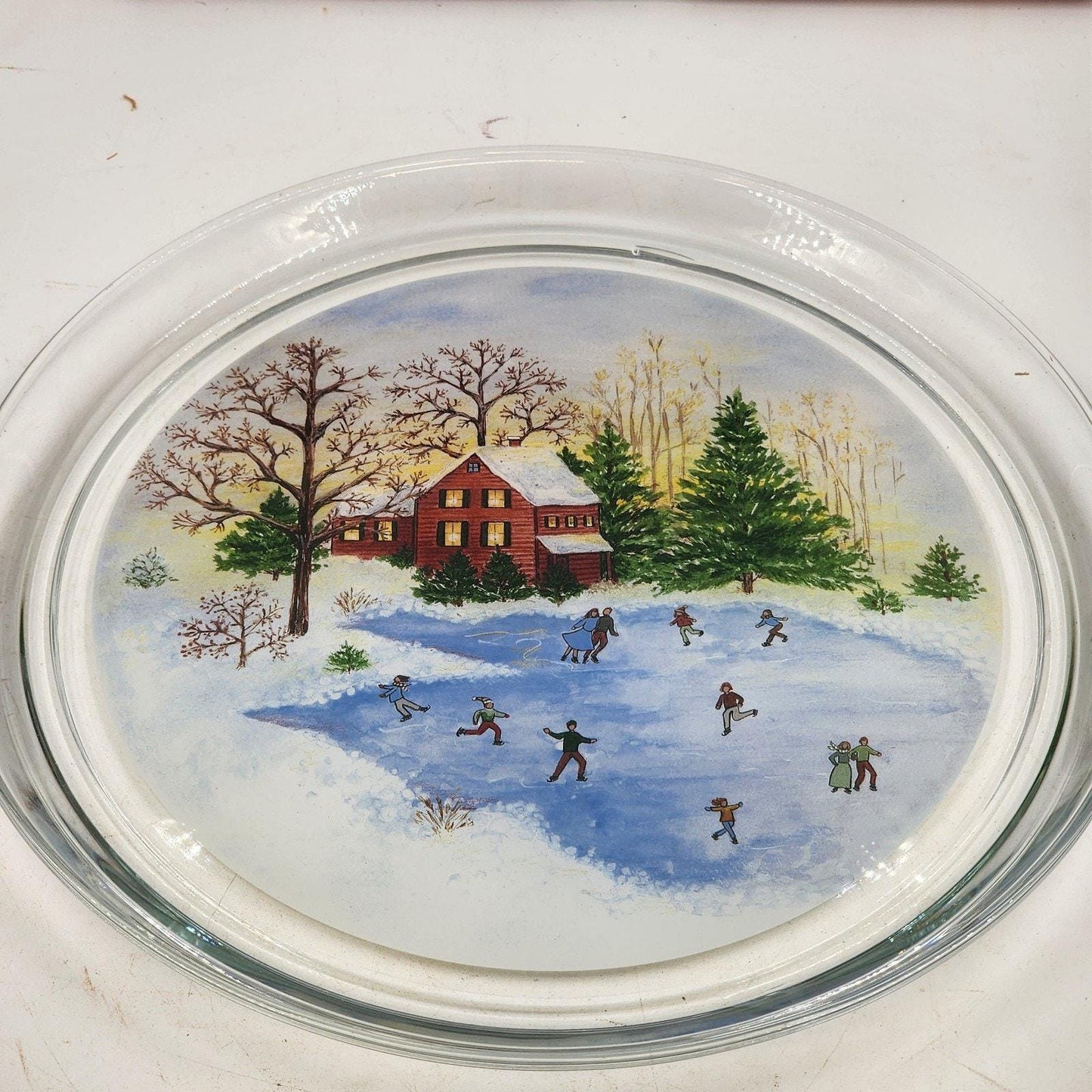 Clear Winter Platter Indiana Glass Lancaster 13"x1'' Christmas Skating Scene