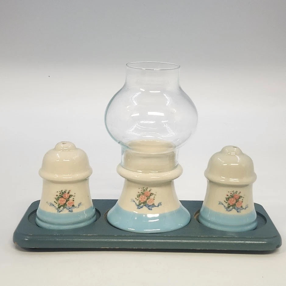Floral Ceramic Salt Pepper Shakers Candle Holder Tray Set Cottage Taiwan Vintage