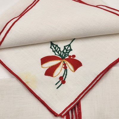 Set of 6 White Christmas Napkins 16" Red Hem Embroidered Holiday Designs