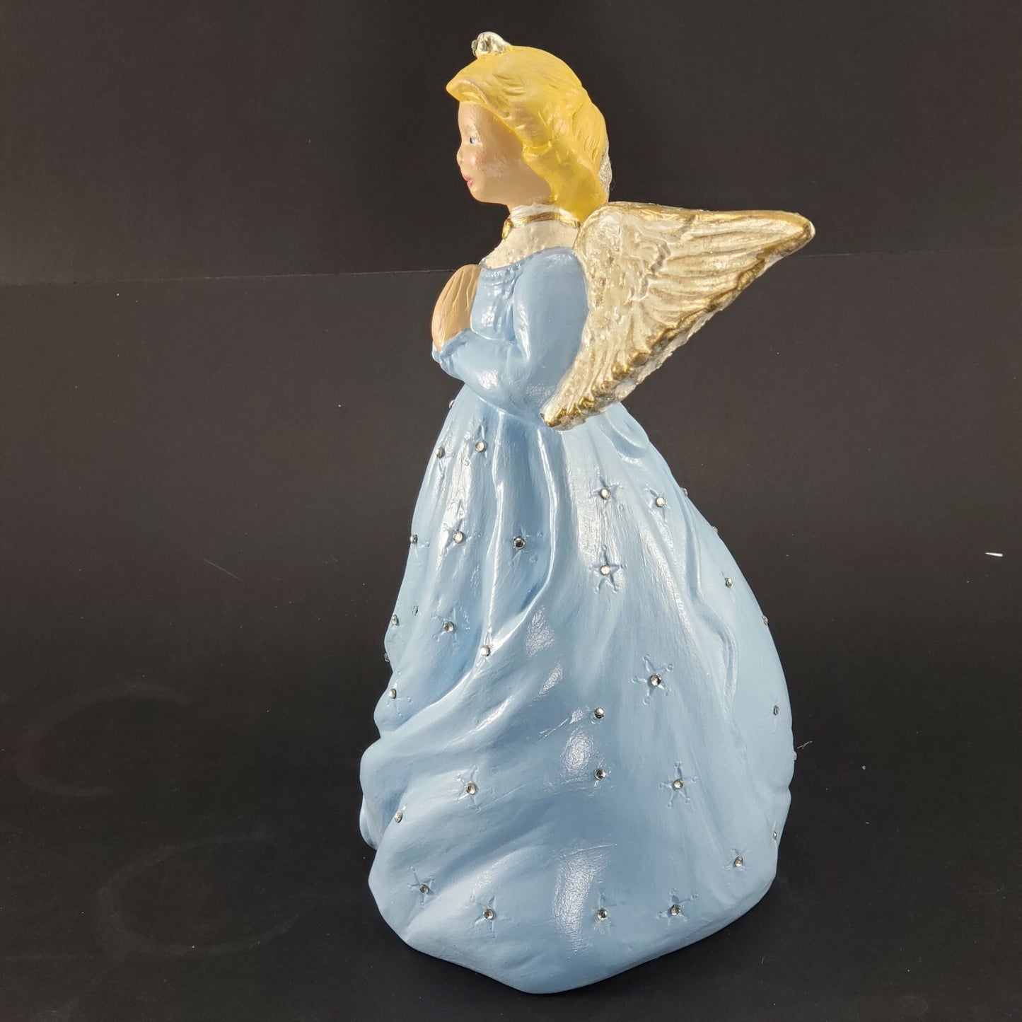 Ceramic Angel Figurine 10"H Blue Dress Rhinestones Glitter Wings Vintage