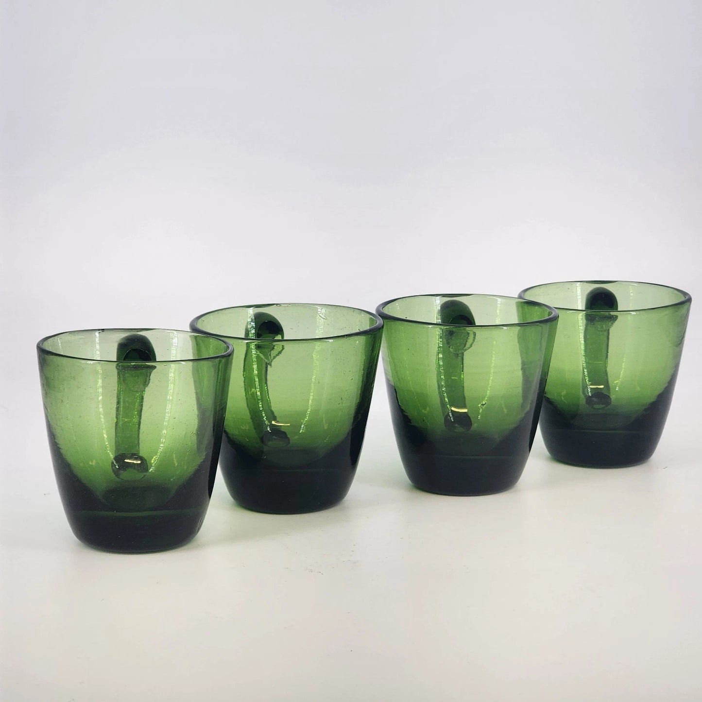 Indiana Glass Cups Avocado Green Blown Art Glass Set of 4 Starburst Base Handle