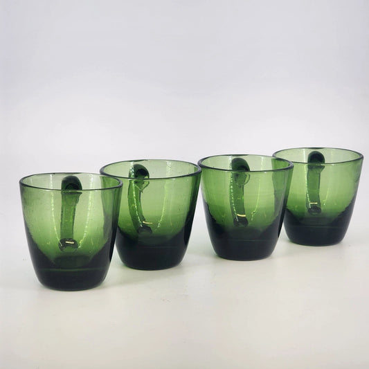 Indiana Glass Cups Avocado Green Blown Art Glass Set of 4 Starburst Base Handle
