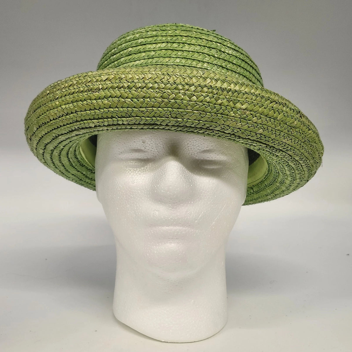 Green Natural Straw Sun Hat Women Rolled Brim Braided Round Crown Summer Garden