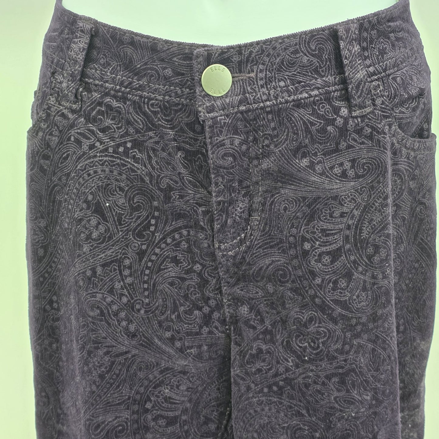 ELLE Dark Plum Purple Velvet Jeans Pants Paisley Boho Motif Low Rise Stretch 12R