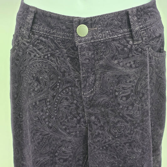 ELLE Dark Plum Purple Velvet Jeans Pants Paisley Boho Motif Low Rise Stretch 12R