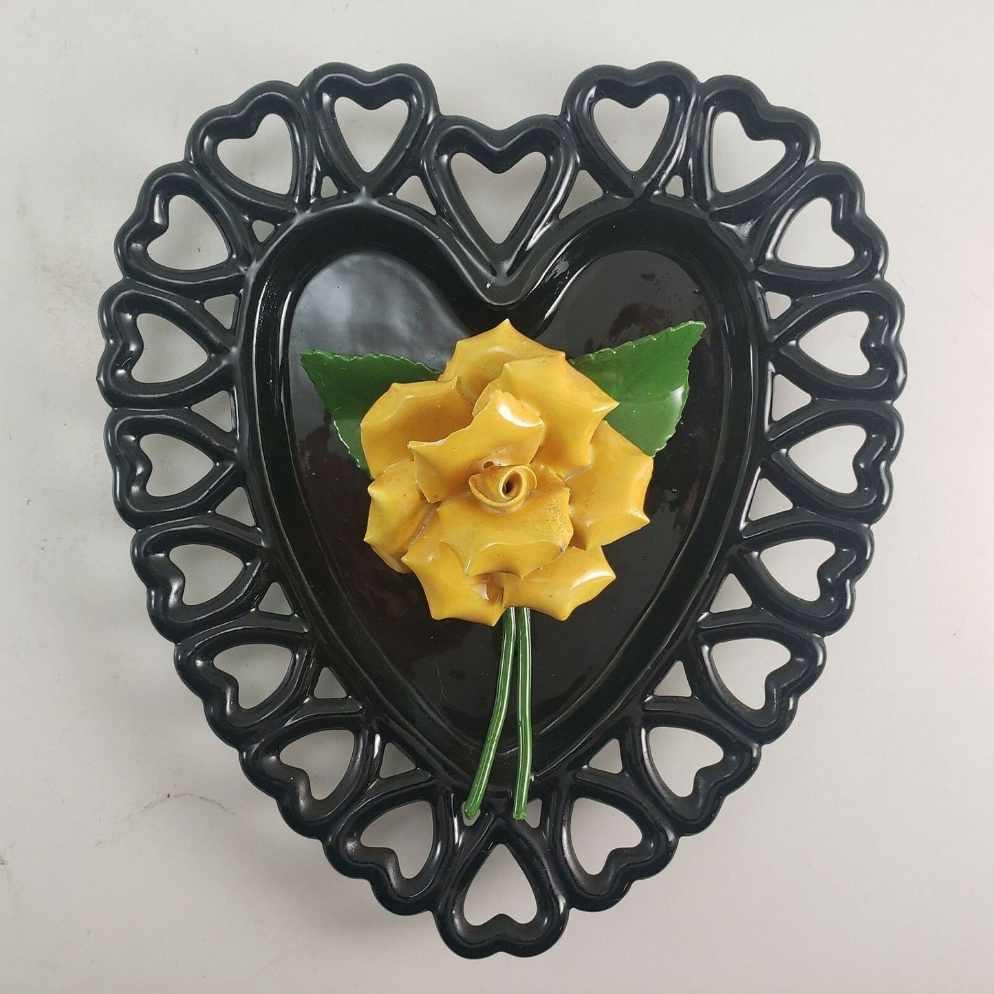 Westmoreland Black Glass Open Lace Heart with Glass Yellow Rose Decor 6¾" x 7¼"