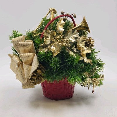 Floral Arrangement Christmas Basket Greenery Holly Red Basket 10" Gold Bow Vtg