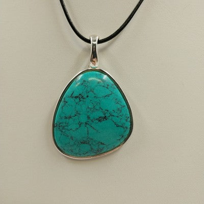 Silver Tone Turquoise Pendant Necklace Marbled Stone on Black Leather Cord