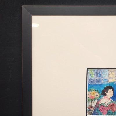 Asian Lady in Flower Shop Art Print 7x5" White Matted Black Wood 20.5"x19" Frame