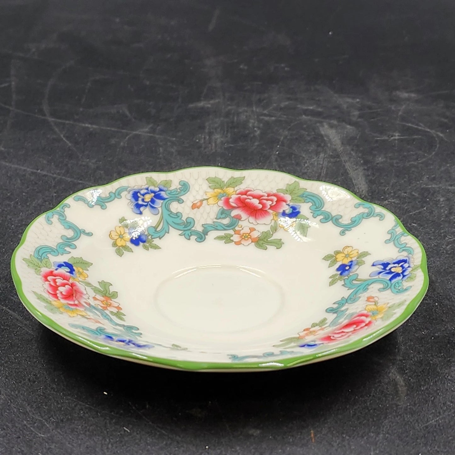 Royal Doulton Floradora Cup Saucer Fine China Floral Green Trim Scalloped 5.75"