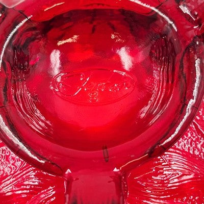 Fenton Ruby Red Glass Bowl 8" Wide Leaf Flowers Footed Dish Ruffled Edge