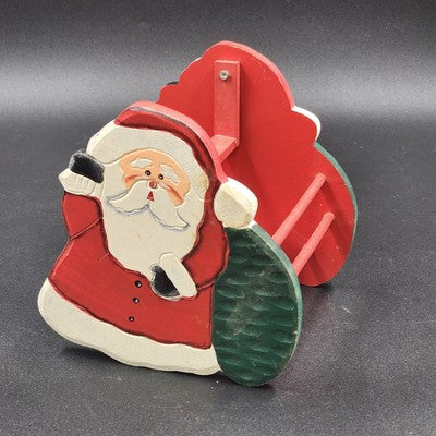 Christmas Wood Basket Santa Claus Holding Green Sack Carved Hand Painted 5.25" L