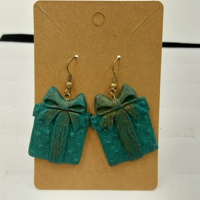 Gold Tone Wrapped Gift Box Green Dangle Hook Earrings Christmas Holiday Jewelry