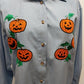 Falls Creek Blue Blouse With Pumpkins Button up Long Sleeve Cuffed Size Small