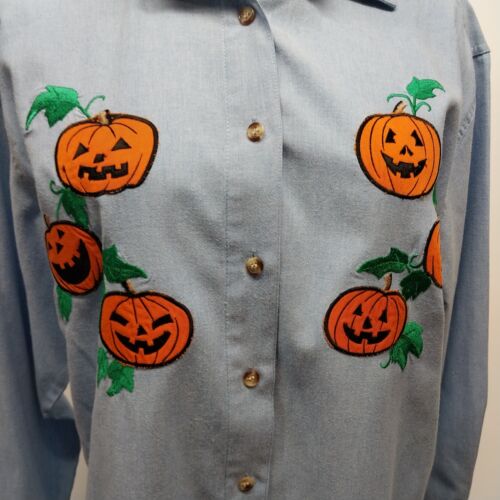 Falls Creek Blue Blouse With Pumpkins Button up Long Sleeve Cuffed Size Small