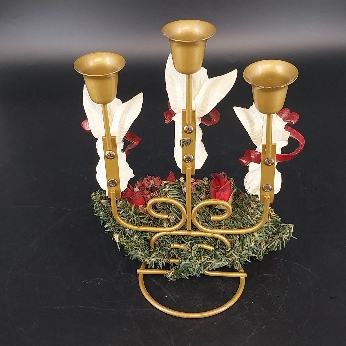 Angel Trio 3-Candle Holder Burgundy Floral Wreath Christmas Centerpiece 9"