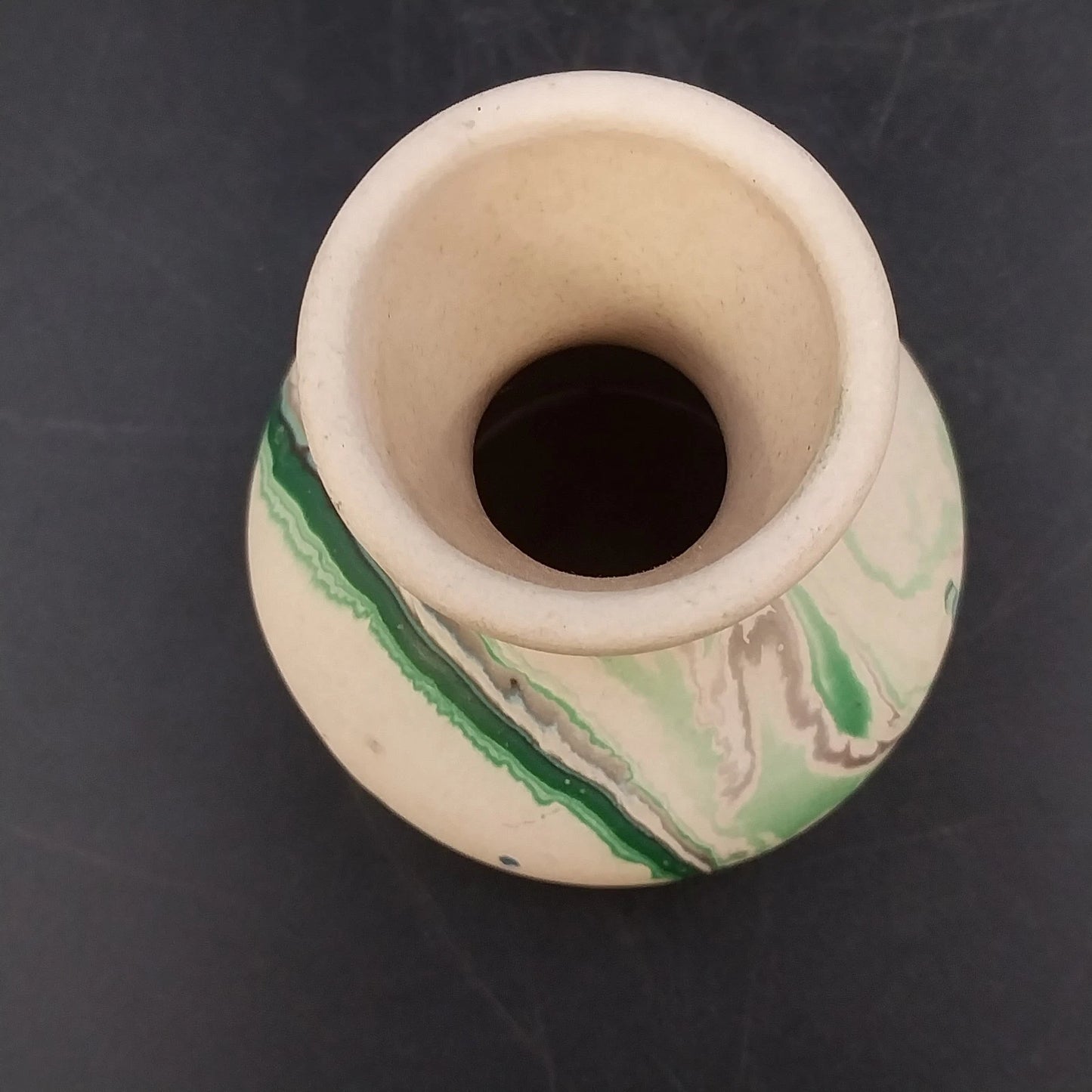 Nemadji Pottery Green Gray Swirl Bud Vase 3.5" USA Vintage