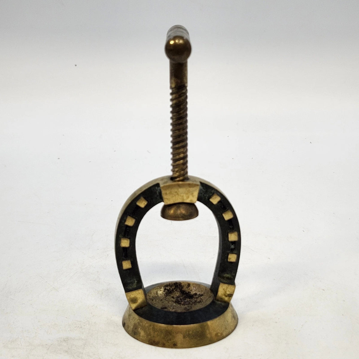Horseshoe Screw-Down Nutcracker Gold Tone Metal T-Handle Tabletop 3.5" Patina