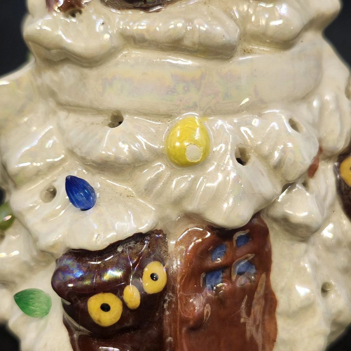 Ceramic Christmas Tree Owl Figurine Iridescent Glaze Light Holes Star on Top 5"