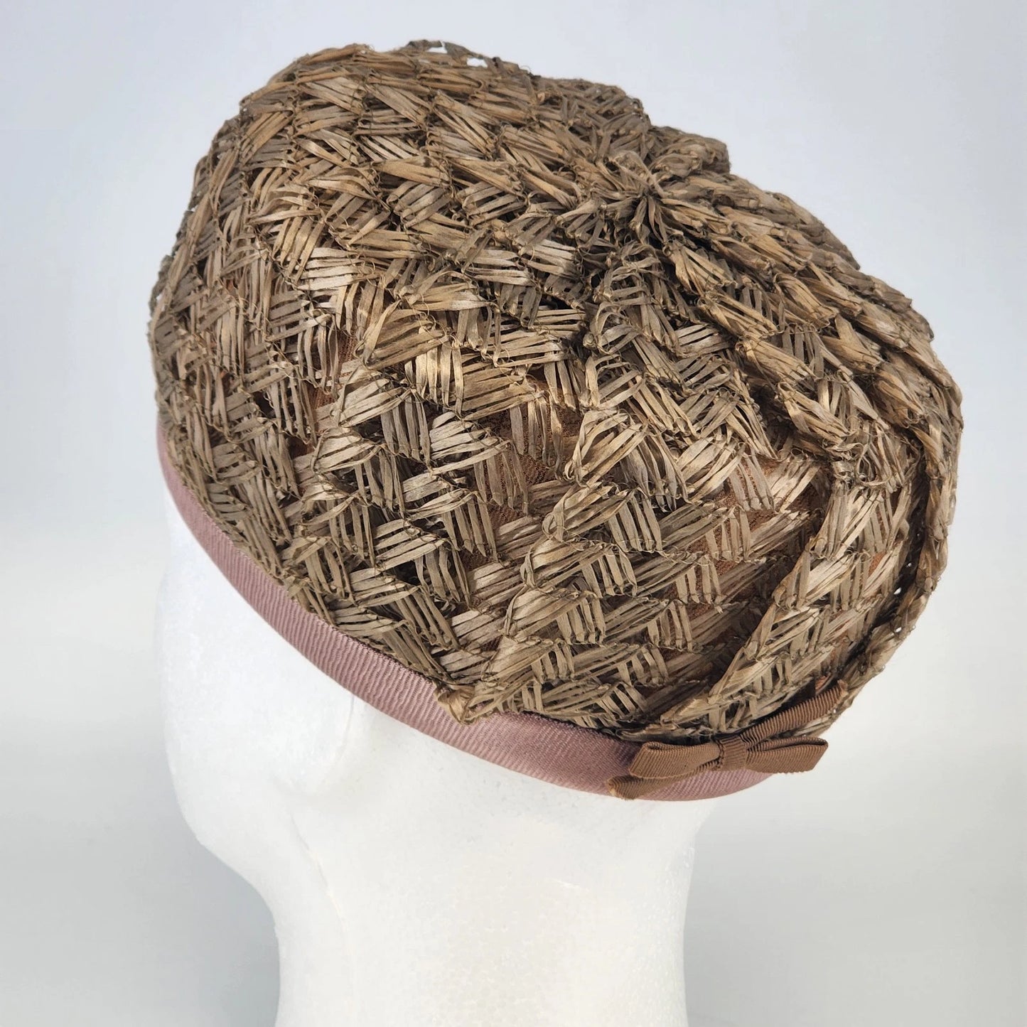 1960s Straw Raffia Halo Pillbox Hat Light Brown Ribbon Trim Dressy Women's Vtg