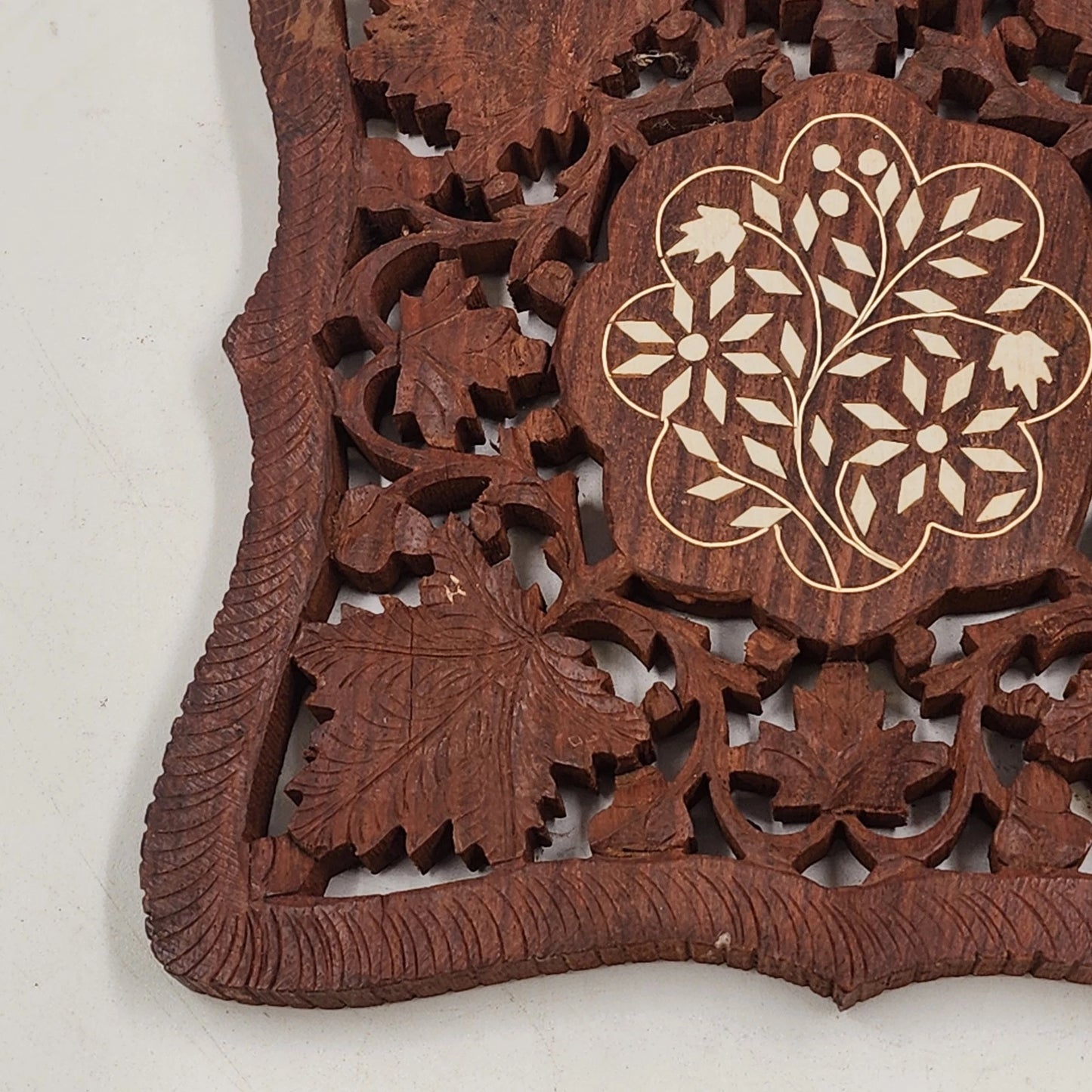 2 Hand Carved Wood Trivets 8" Gold Inlay Floral Leaf Design Scrolled Sides India