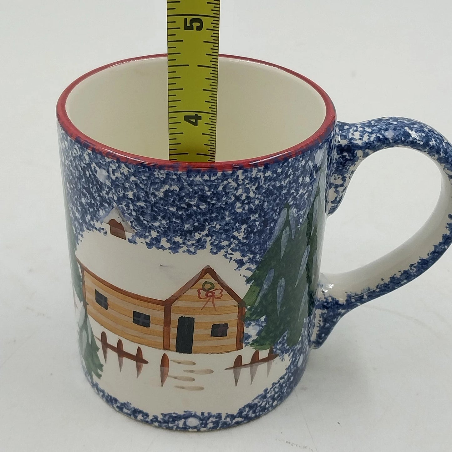 Coffee Mug Cook's Bazaar Holly Mountain Lodge Winter Scene Blue Speckled Rim Vtg