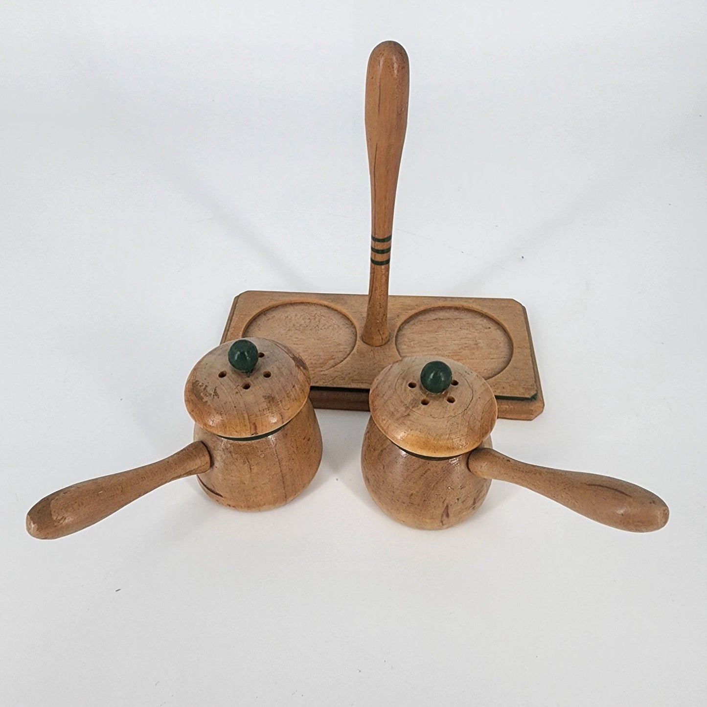 3 pc Nasco Wood Salt & Pepper Shakers Set Bean Pot Style with Stand Japan MCM