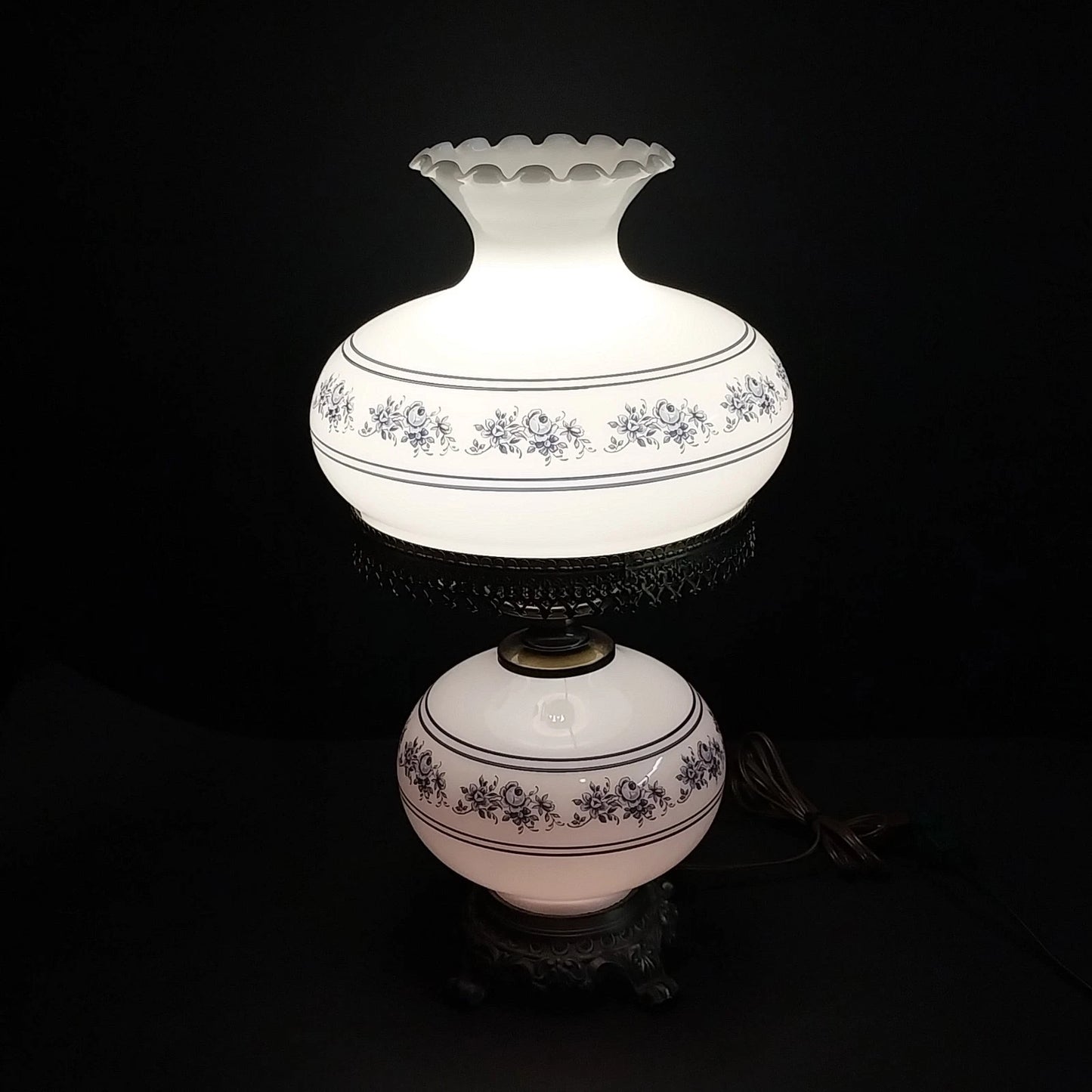 White Blue Floral Milk Glass Hurricane Lamp 22.5" 3-Way Light & Night Light Vtg