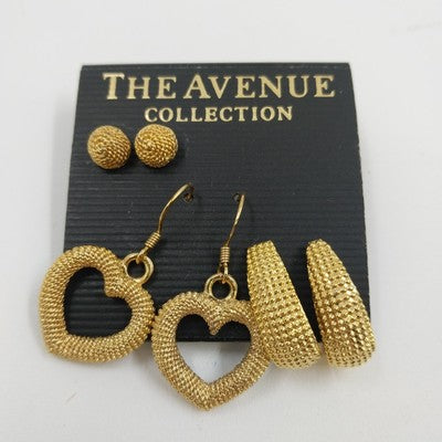 3 Pairs Gold Tone Earrings Heart Round Oval Pierced The Avenue Collection