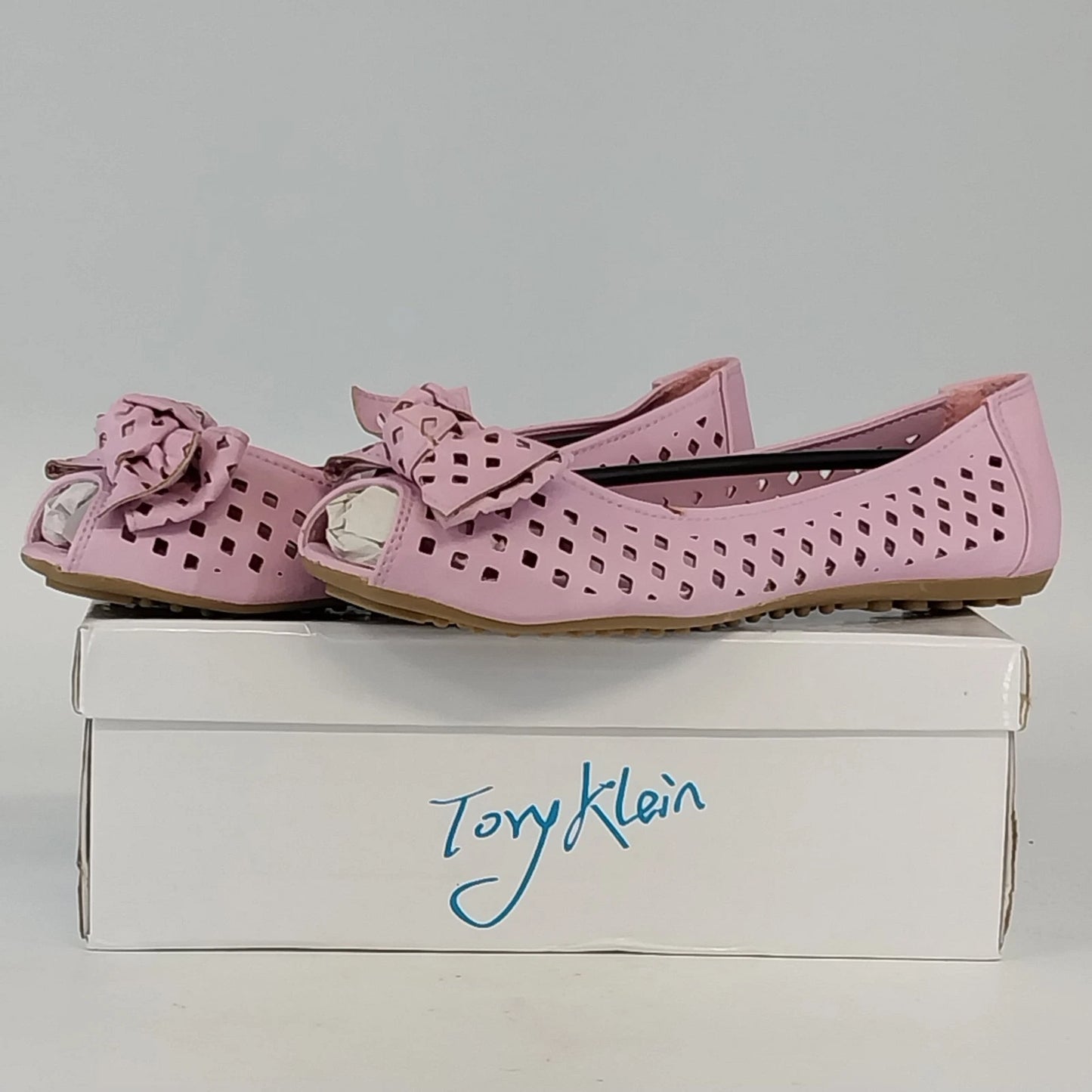 Tory Klein Flats Sandals Pink Peep Toe Bow Laser Cut Women's 8 China