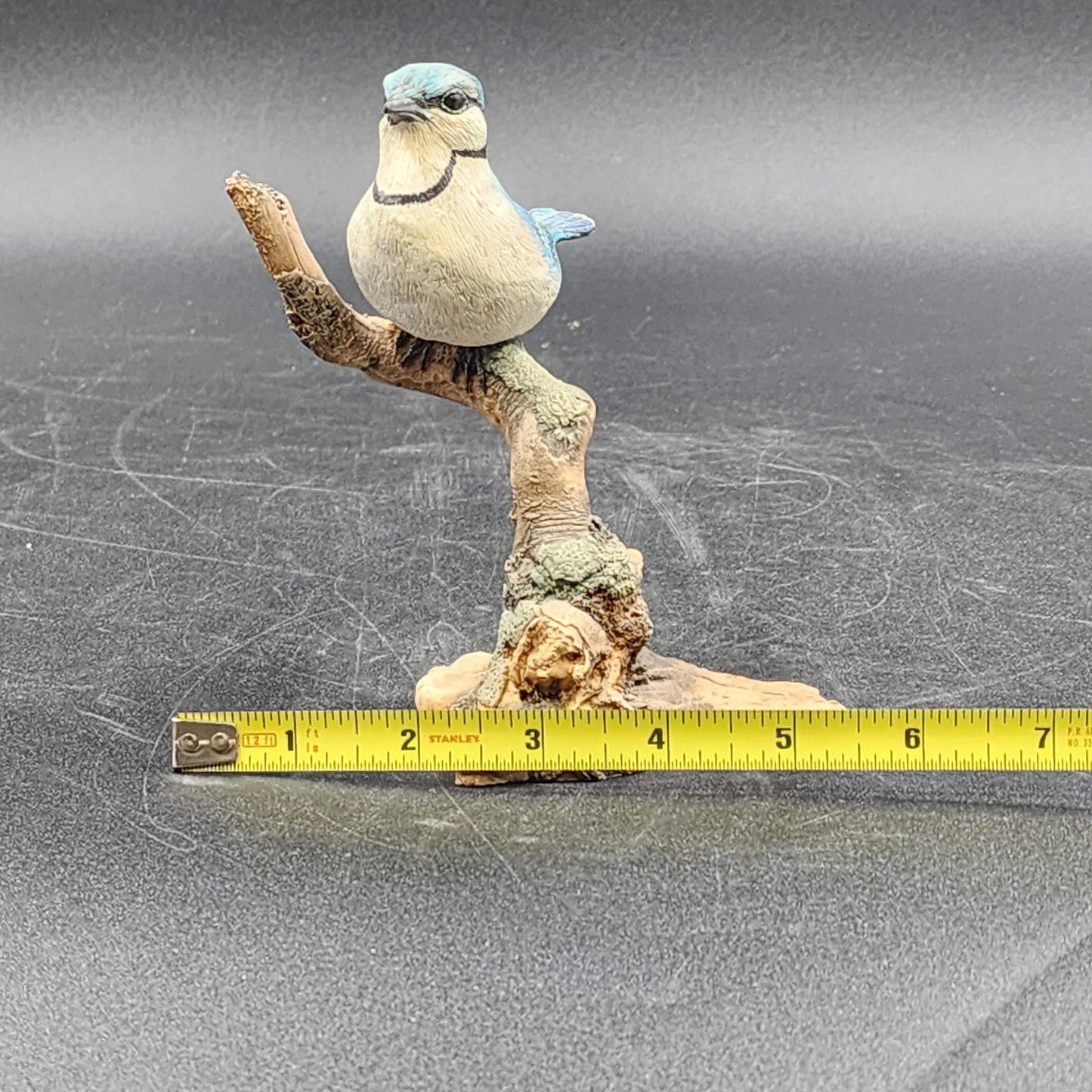 Molded Painted Blue Jay Bird Sculpture Resin 5.5" Perched On Branch Figurine Vtg