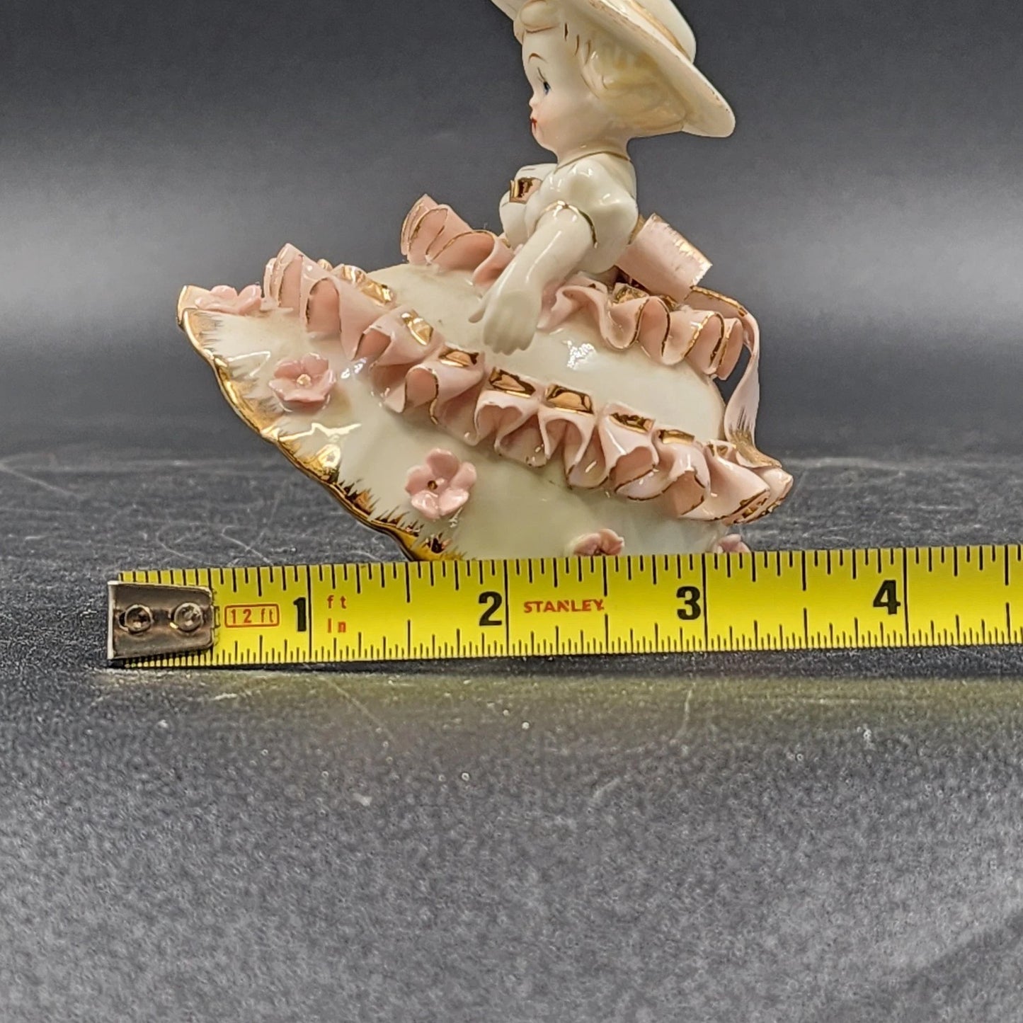 Lefton Bloomer Girl Figurine 4" Curtsy Dress Roses Gold Trim Signed Geo Z K1412