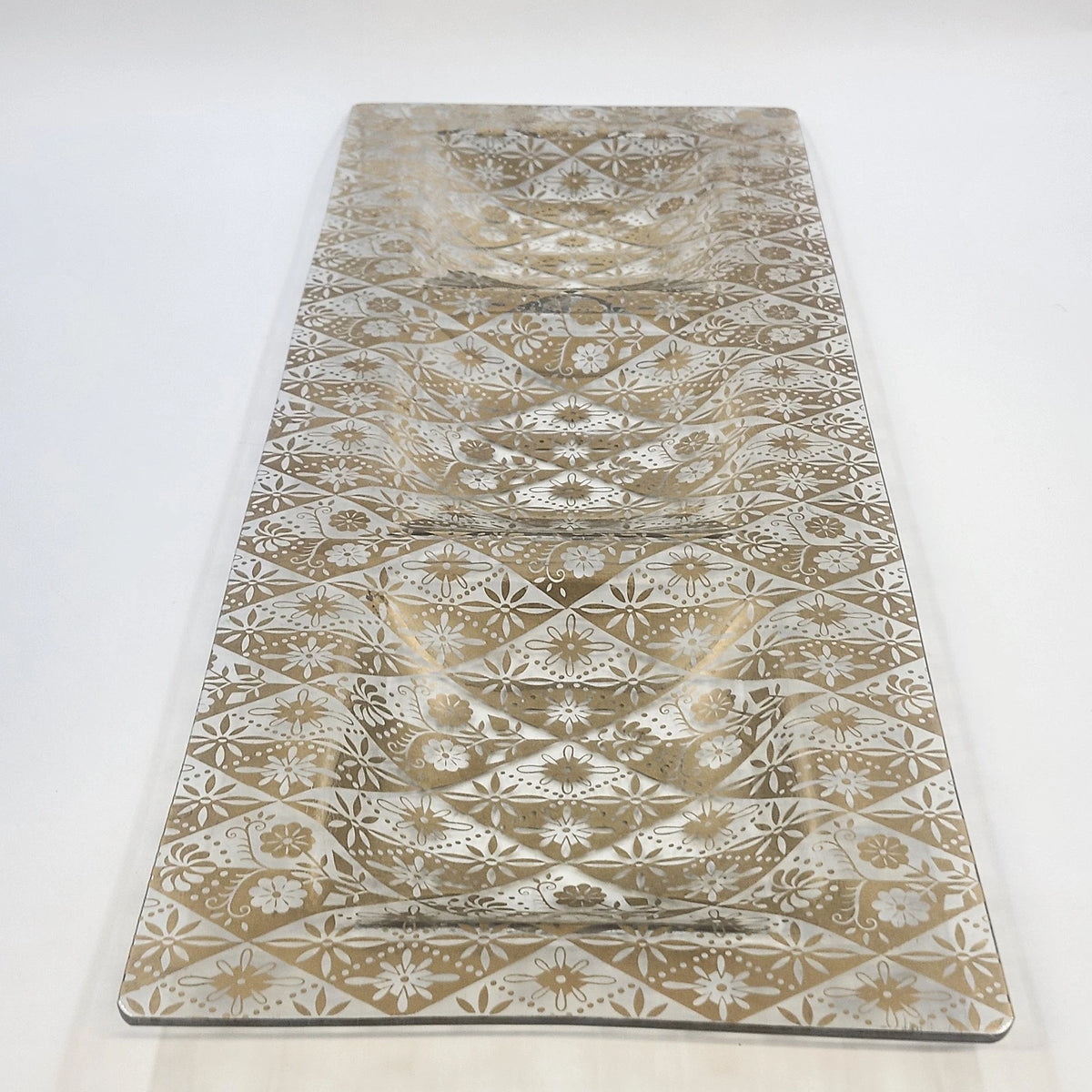 Gold White Floral Glass Serving Platter & 2 Side Dishes 3 Piece Set 22" Vintage
