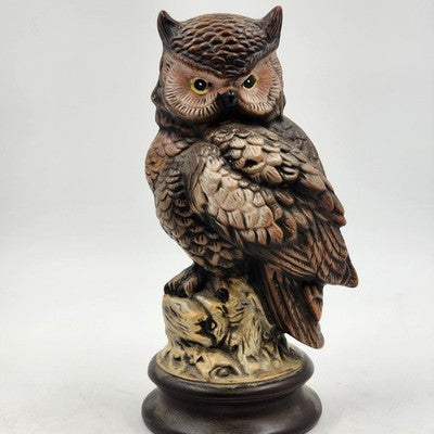Bisque Owl Figurine on Tree Stand 12" Ceramic Hand Painted Byron Mold 1977 Vtg