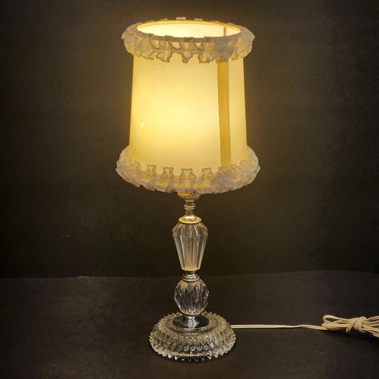 Clear Crystal Glass Table Lamp 12" Acrylic Boudoir Light White Ruffled Shade